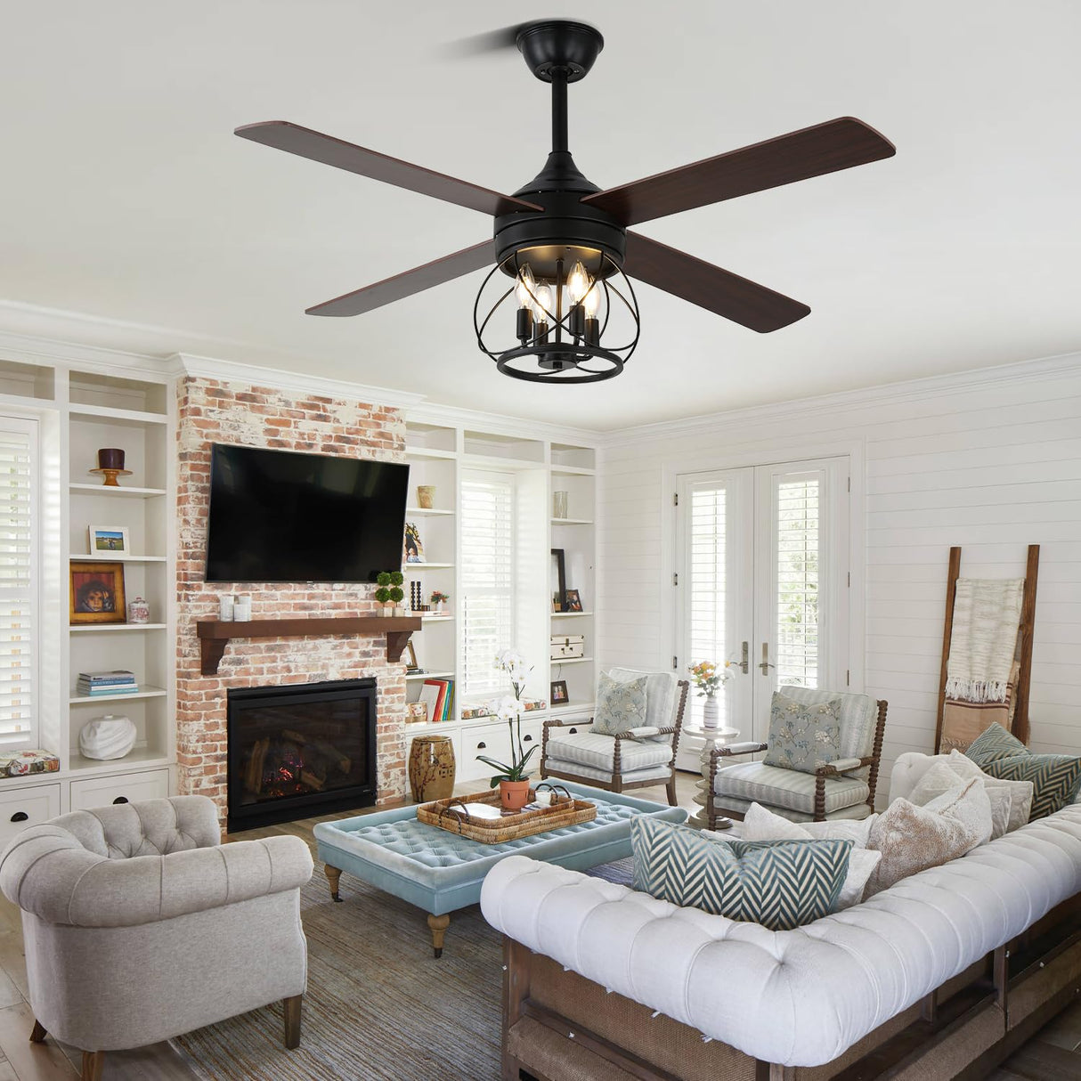 Curve Curio 52 Inch Farmhouse Ceiling Fan with Light and Remote Industrial Ceiling Fan Quiet and Reversible DC Motor Rustic Caged Chandelier Fan for Living Room Bedroom Patio (Caged Frame) Curve Curio