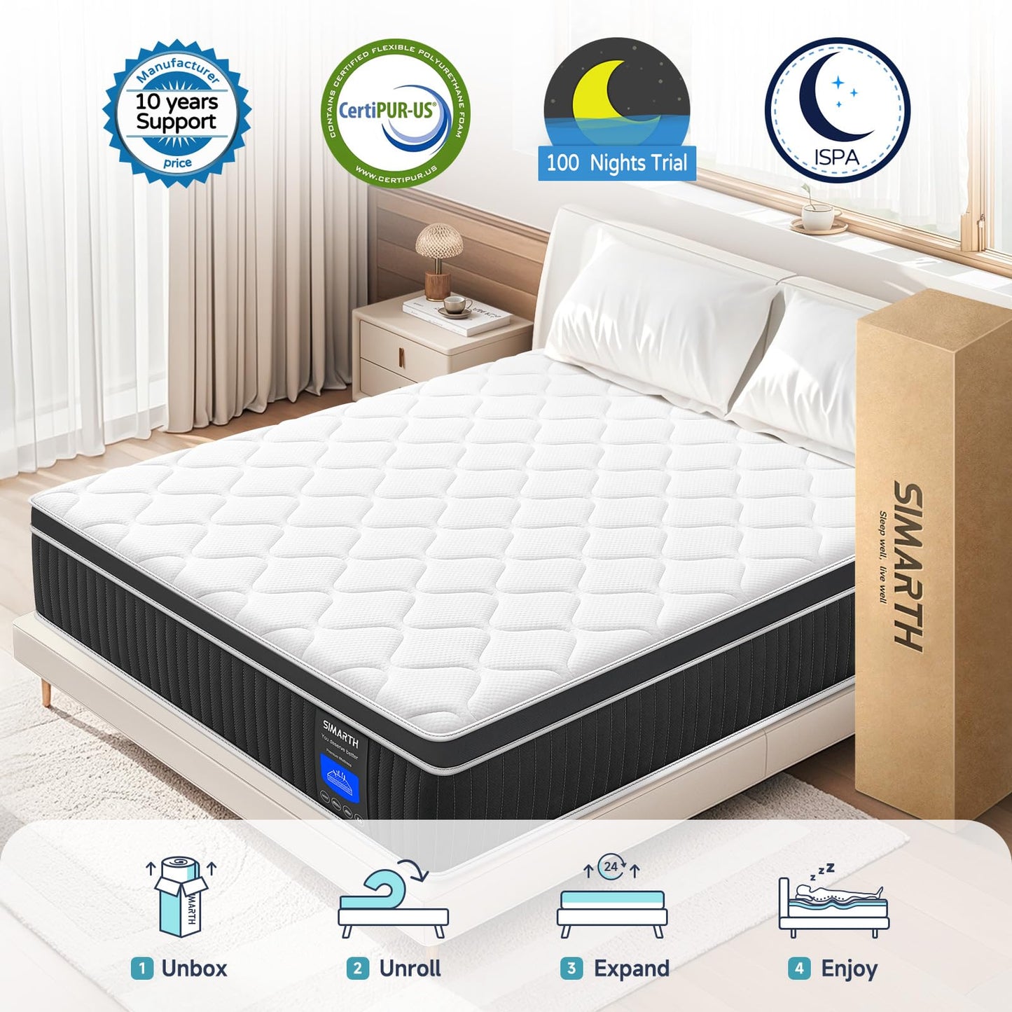 SIMARTH King Mattress, 12 Inch King Size Hybrid Mattresses in a Box Upgrade Strengthen, Gel Memory Foam King Mattress Made of Individually Pocketed Springs for Support & Pressure Relief, Medium Firm