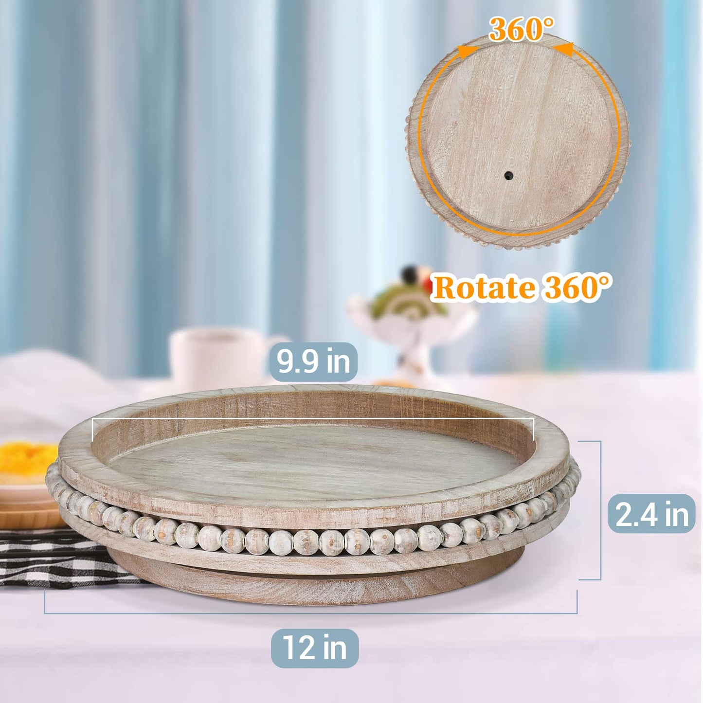 Farmhouse Lazy Susan Organizer for Cabinet,Decorative Tray Riser,Counter Lazy Susan Turntable Organizer with Beads,360 Degrees Rotating Display Stand for Spice Racks,Centerpiece Tray