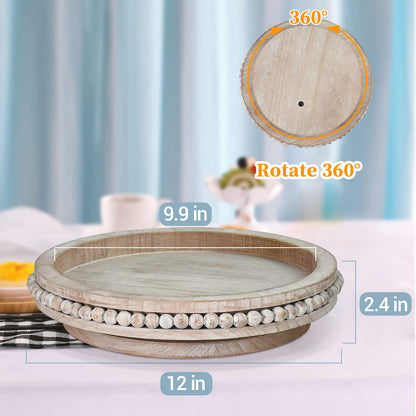 Farmhouse Lazy Susan Organizer for Cabinet,Decorative Tray Riser,Counter Lazy Susan Turntable Organizer with Beads,360 Degrees Rotating Display Stand for Spice Racks,Centerpiece Tray