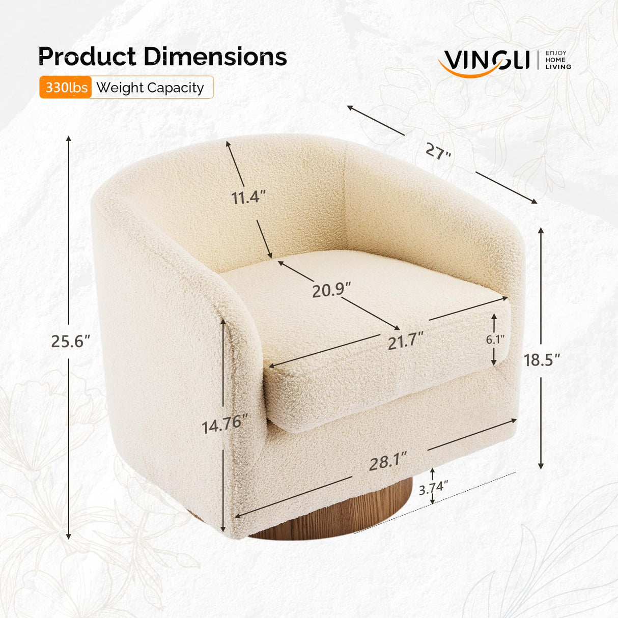 VINGLI 360°Swivel Accent Chair with Engineered Wood Base and Removable Cushion for Living Room, Bedroom, Curved Back Barrel Chair for Small Space, Upholstered Bucket Armchair, Teddy Khaki VINGLI