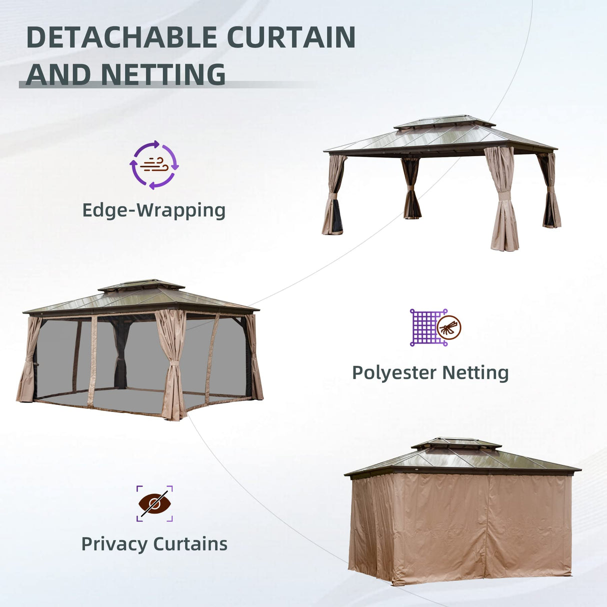 Domi 12' X 16' Hardtop Gazebo, Permanent Outdoor Gazebo with Polycarbonate Double Roof, Aluminum Gazebo Pavilion with Curtain and Net for Garden, Patio, Lawns, Deck, Backyard domi outdoor living