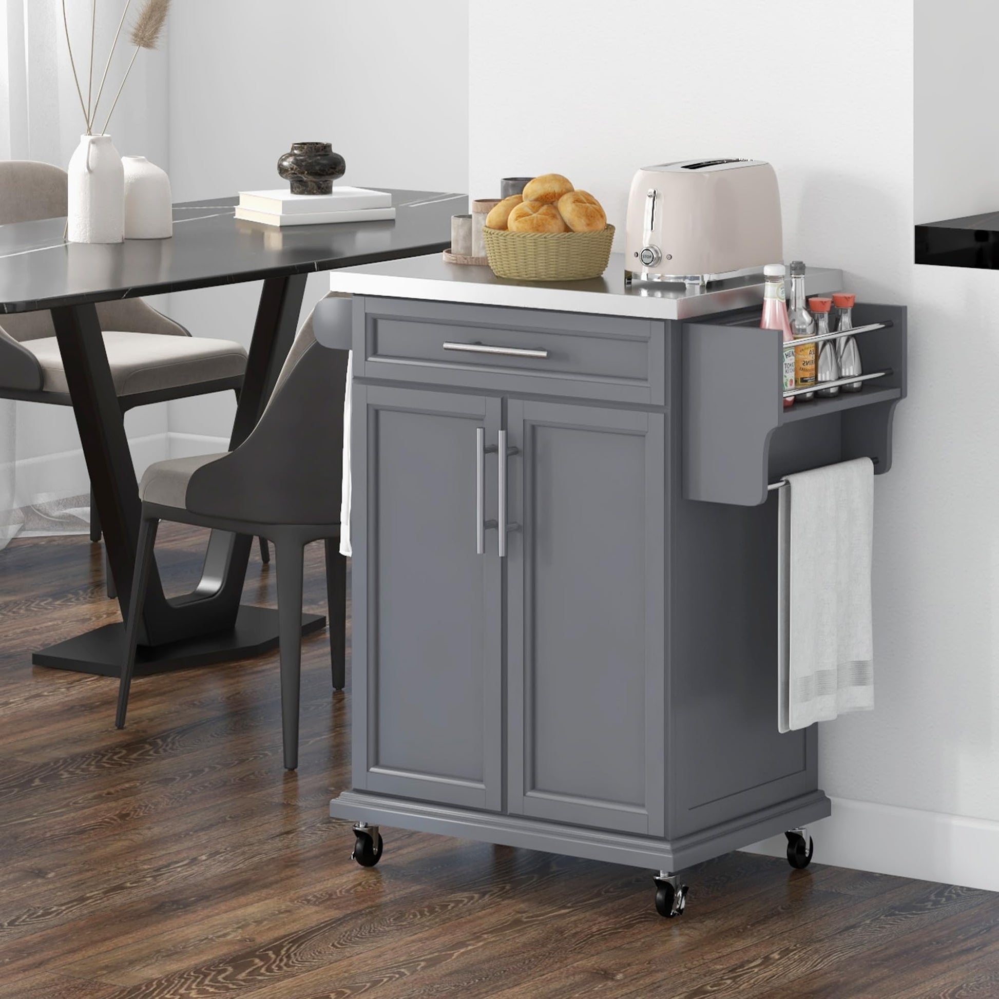 HOMCOM Kitchen Island on Wheels, Rolling Kitchen Cart with Stainless Steel Countertop, Drawer, Towel Rack and Spice Rack, Utility Storage Trolley, Gray - WoodArtSupply