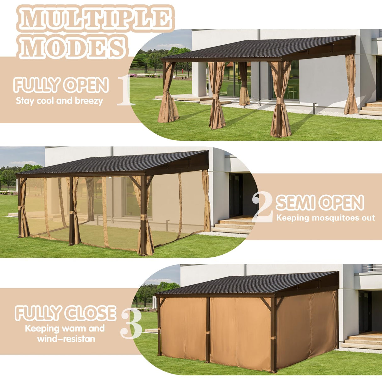 Domi 12x16FT Wall-Mounted Hardtop Gazebo, Aluminum Lean to Gazebo with Galvanized Steel Sloping Roof, Curtains & Netting for Outdoor Patio, Deck, Backyard, Garden Parties domi outdoor living