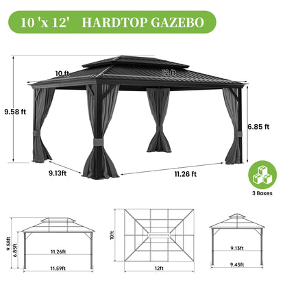 10' x 12' Hardtop Gazebo, Metal Gazebos with Aluminum Frame, Double Galvanized Steel Roof, Outdoor Permanent Gazebo with Curtains and Netting for Patio Lawn Backyard and Garden(Gray)