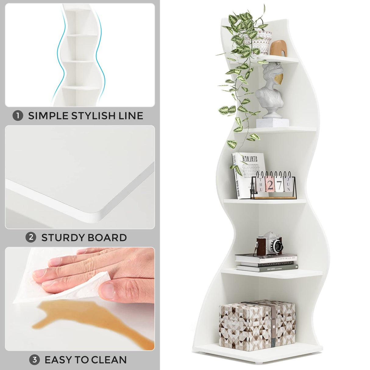 Tribesigns Corner Shelf, Modern 5-Tier Wall Corner Bookshelf, Stylish Corner Small Bookcase Storage Rack Plant Stand with Unique Shape for Living Room, Home Office (White, 1PC) Tribesigns