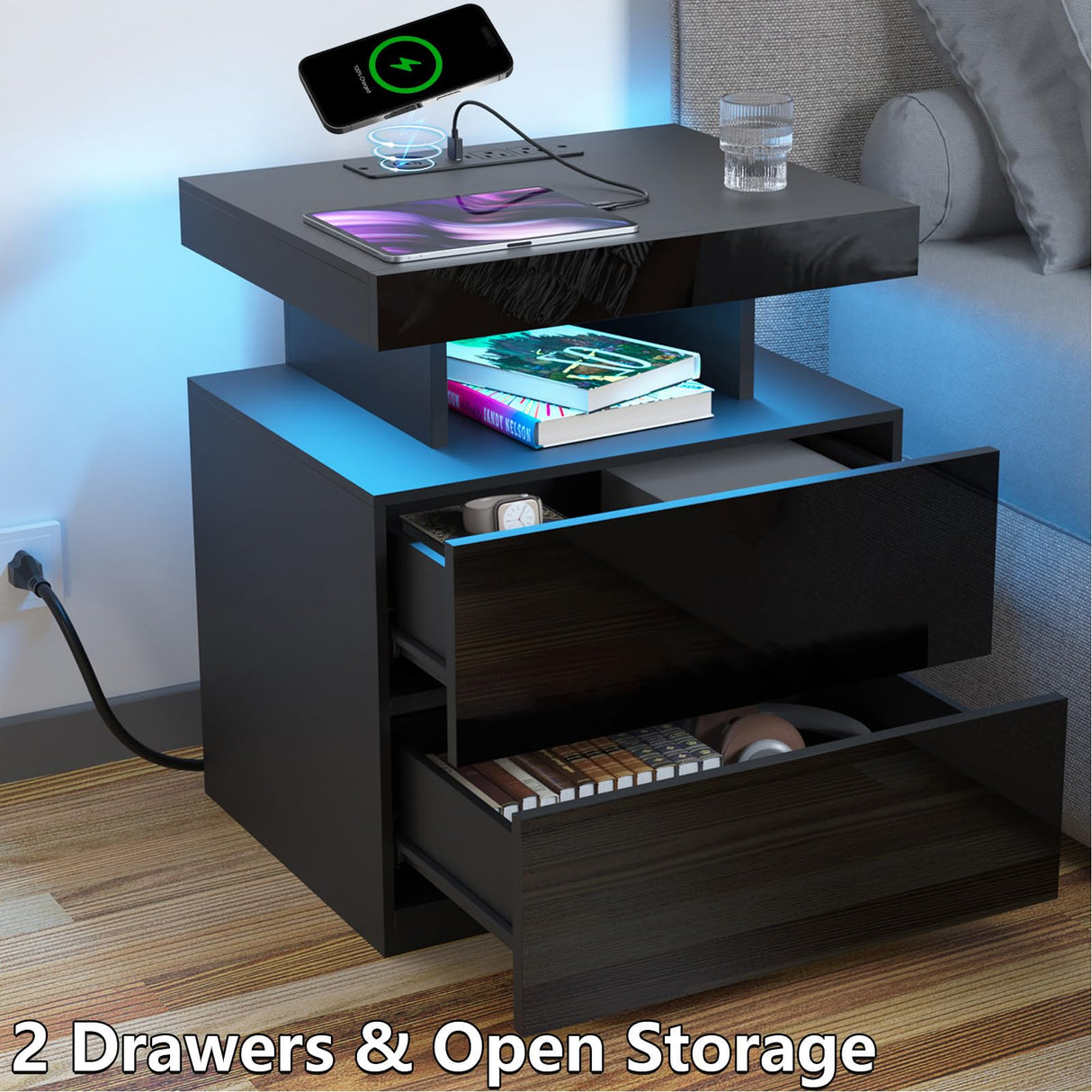 HOMMPA LED Nightstand with Wireless Charging Station & USB Ports High Gloss Bedside Table with LED Light RGB Adjustable Brightness Smart Nightstand 2 Drawers Night Stand for Bedroom Black HOMMPA