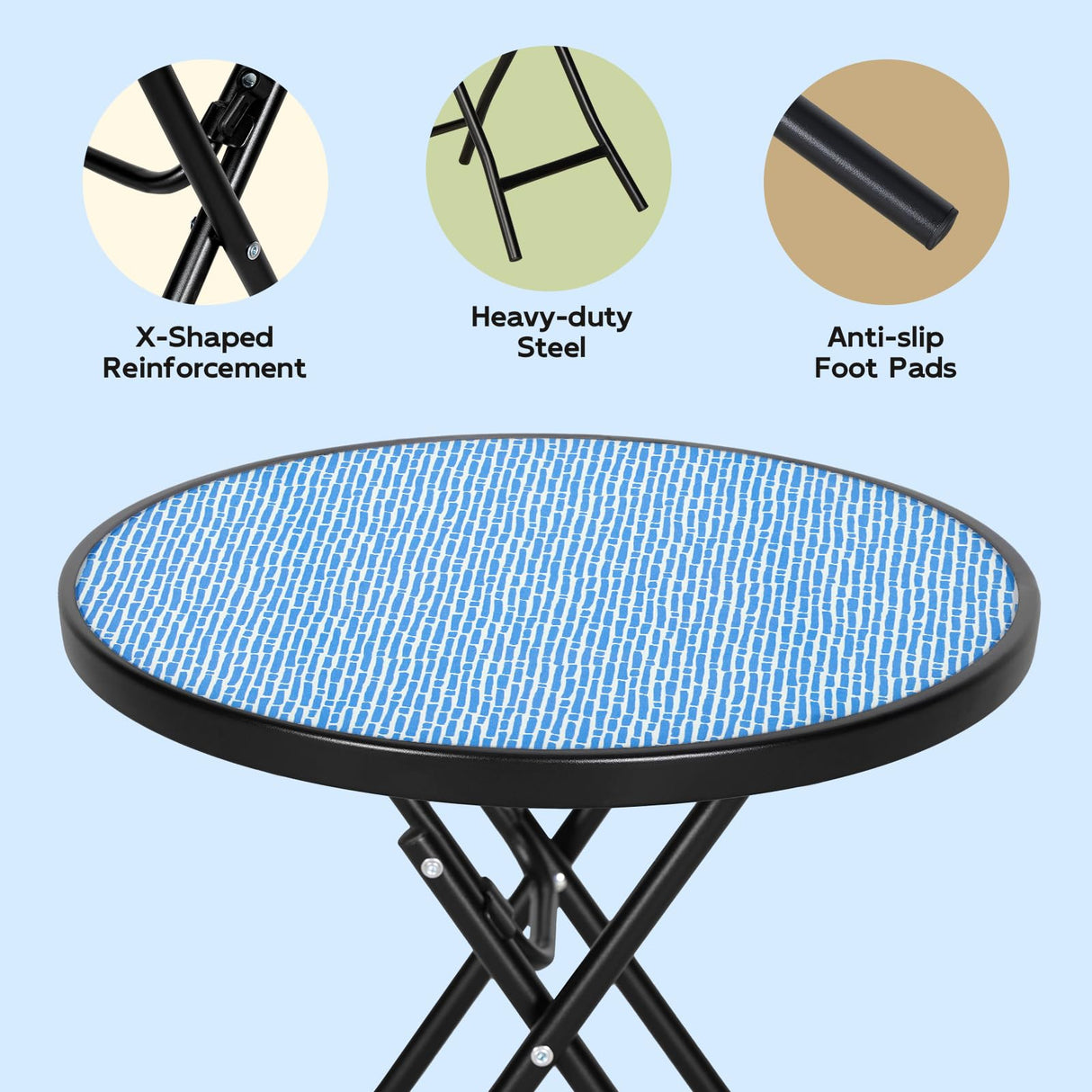 Abba Patio Bistro Table,18" Round Folding Side Table with Tempered Glass Tabletop,Small End Table for Outdoor Indoor Yard Garden Balcony Coffee,Blue Abba Patio