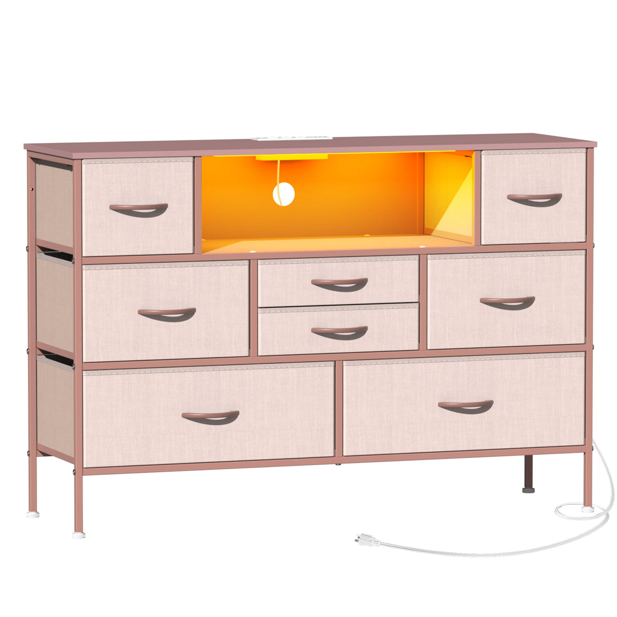 Simoretus Dresser with Charging Station and LED Light for Bedroom 8 Fabric Drawers Chest of Drawers with Power Outlet Storage Open Shelf for Living Room TV Stand Closet Hallway (Pink) Simoretus