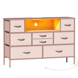 Simoretus Dresser with Charging Station and LED Light for Bedroom 8 Fabric Drawers Chest of Drawers with Power Outlet Storage Open Shelf for Living Room TV Stand Closet Hallway (Pink) Simoretus
