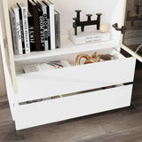 FUNISIR Curio Display Cabinet with Light, Storage Shelves with Pop-up Glass Doors, 2 Drawers & 3 Color Light, Collectibles Cabinet Display Shelf, Bookshelf Showcase for Living Room, White w/Drawer FUNISIR