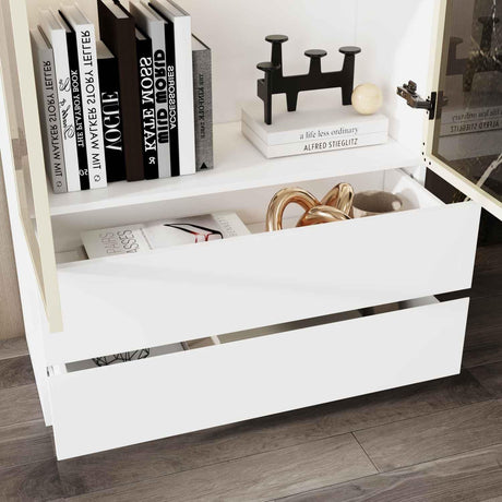 FUNISIR Curio Display Cabinet with Light, Storage Shelves with Pop-up Glass Doors, 2 Drawers & 3 Color Light, Collectibles Cabinet Display Shelf, Bookshelf Showcase for Living Room, White w/Drawer FUNISIR