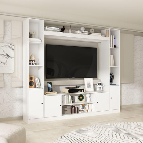 TAMUNE Entertainment Center with Bookshelves Modern Media Center with Open Shelves & Bridge TV Wall Unit with Doors, for Living Room White (81.1”W x 11.8”D x 70.9”H) TAMUNE