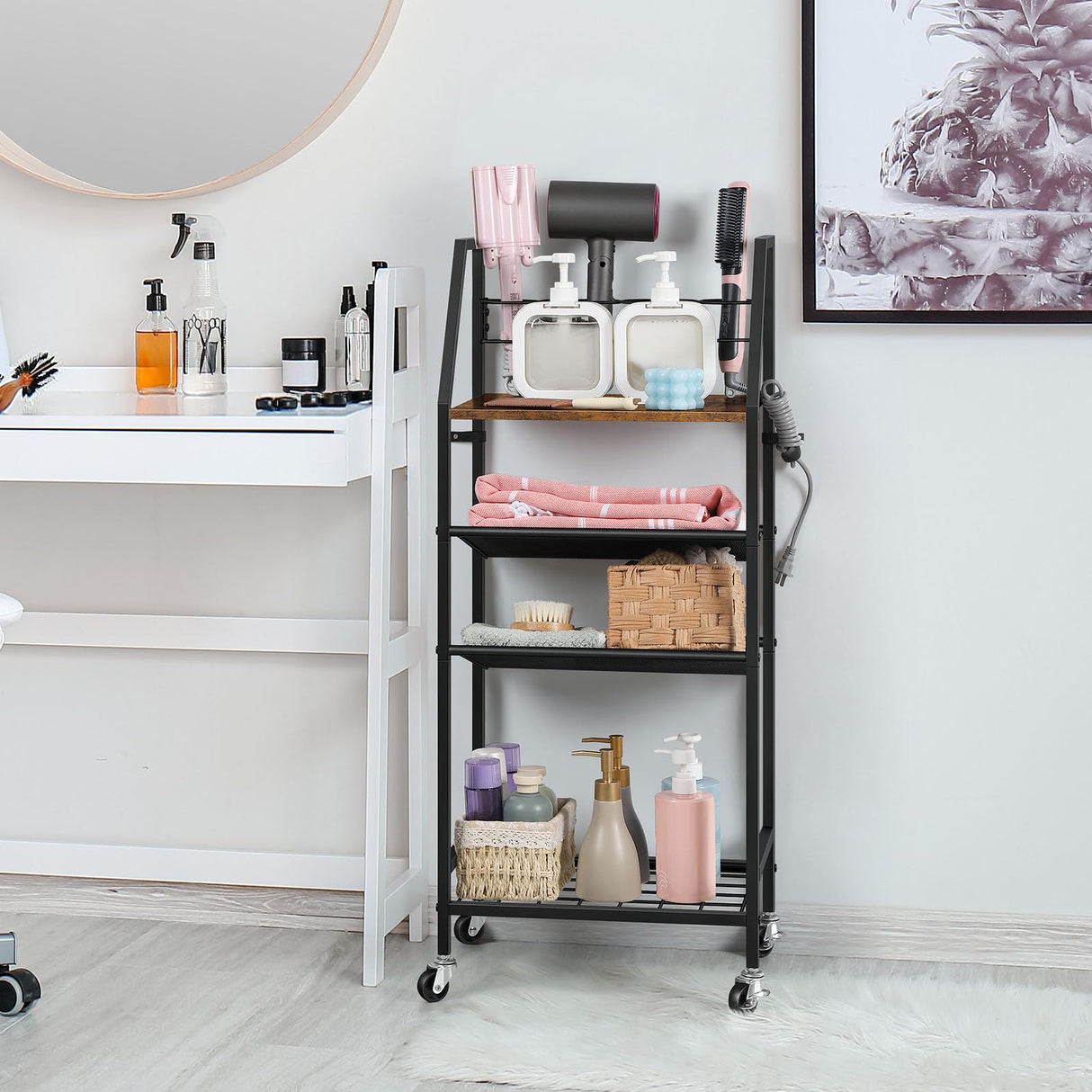 OYEAL Bathroom Storage Cart with Wheels Rolling Bathroom Shelves Slim Freestanding Bathroom Towel Storage Organizer with Hair Tool Holder for Small Spaces, Rustic Brown OYEAL