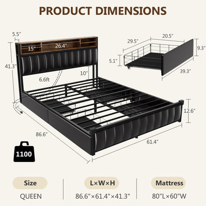 Alohappy Queen Bed Frame with 4 Storage Drawers and Bookcase Headboard, Upholstered Platform Bed Frame Queen with USB-C & USB Charging Station and LED Lights, No Box Spring Needed, Black