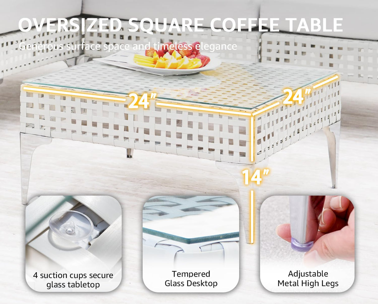 NICESOUL 7 Pieces 25.6" Deep Seat Patio Conversation Sets, White Open Weave Rattan Durable Patio Sectional Sofa, Weather Resistant Outdoor Seating Set for Backyard Terrace Porch, Light Grey NICESOUL