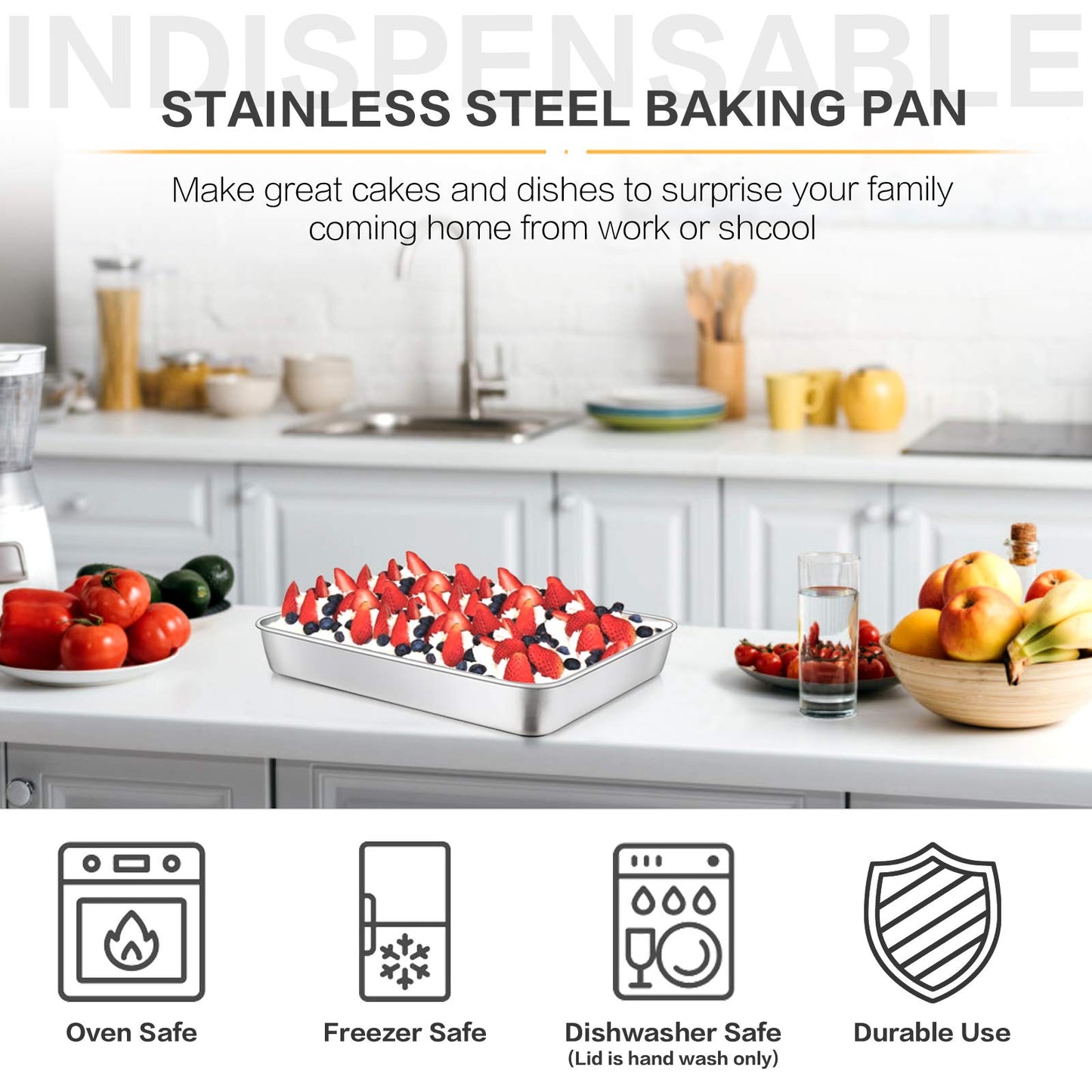 E-far Stainless Steel Baking Pan with Lid, 12⅓ x 9¾ x 2 Inch Rectangle Sheet Cake Pans with Covers Bakeware for Cakes Brownies Casseroles, Non-toxic & Healthy, Heavy Duty & Dishwasher Safe - Set of 2