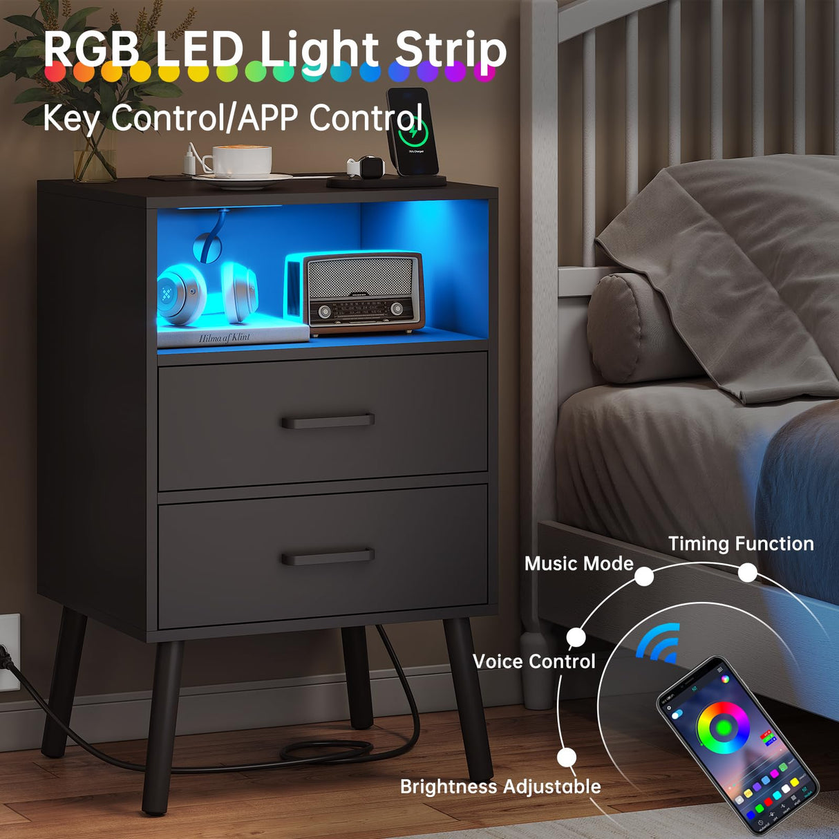 Diliplain Nightstand with Charging Station, Black Night Stand with LED Lights, Modern Side Table with Drawers and Open Shelf, End Table with Solid Wood Legs for Bedroom Diliplain