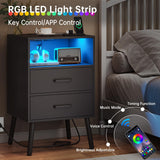 Diliplain Nightstand with Charging Station, Black Night Stand with LED Lights, Modern Side Table with Drawers and Open Shelf, End Table with Solid Wood Legs for Bedroom Diliplain