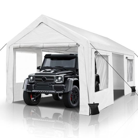 QZEN Carport 10x20ft Portable Garage, Heavy Duty Car Canopy with Roll-up Ventilated Windows & Side Doors, Car Port for SUV, F150, Car, Truck, Boat (10' x 20'White) - WoodArtSupply