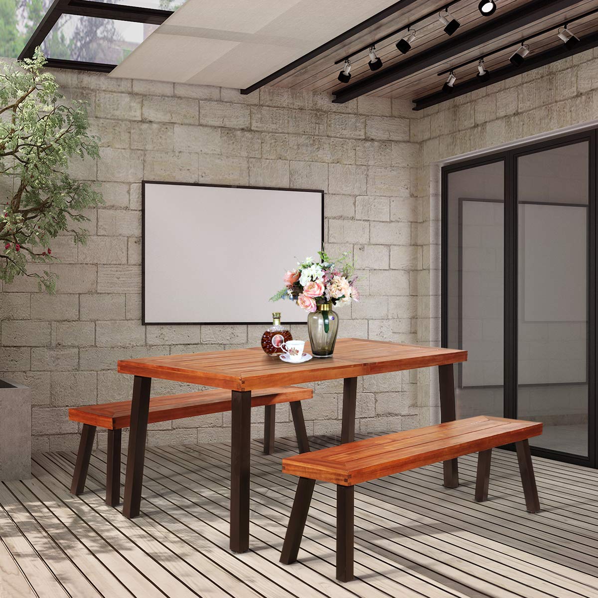 Giantex Patio Dining Table with Umbrella Hole, Outdoor Picnic Table for Backyard, Garden, Lawn, Farmhouse, Acacia Wood Rectangular Table with Metal Legs, Rustic Brown Giantex