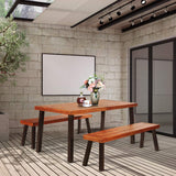 Giantex Patio Dining Table with Umbrella Hole, Outdoor Picnic Table for Backyard, Garden, Lawn, Farmhouse, Acacia Wood Rectangular Table with Metal Legs, Rustic Brown Giantex