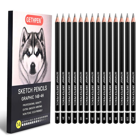 GETHPEN Professional Drawing Sketching Pencil Set - 14 Pieces Graphite Pencils(14B - 4H), Ideal for Drawing Art, Sketching, Shading, Artist Pencils for Beginners & Pro Artists GETHPEN