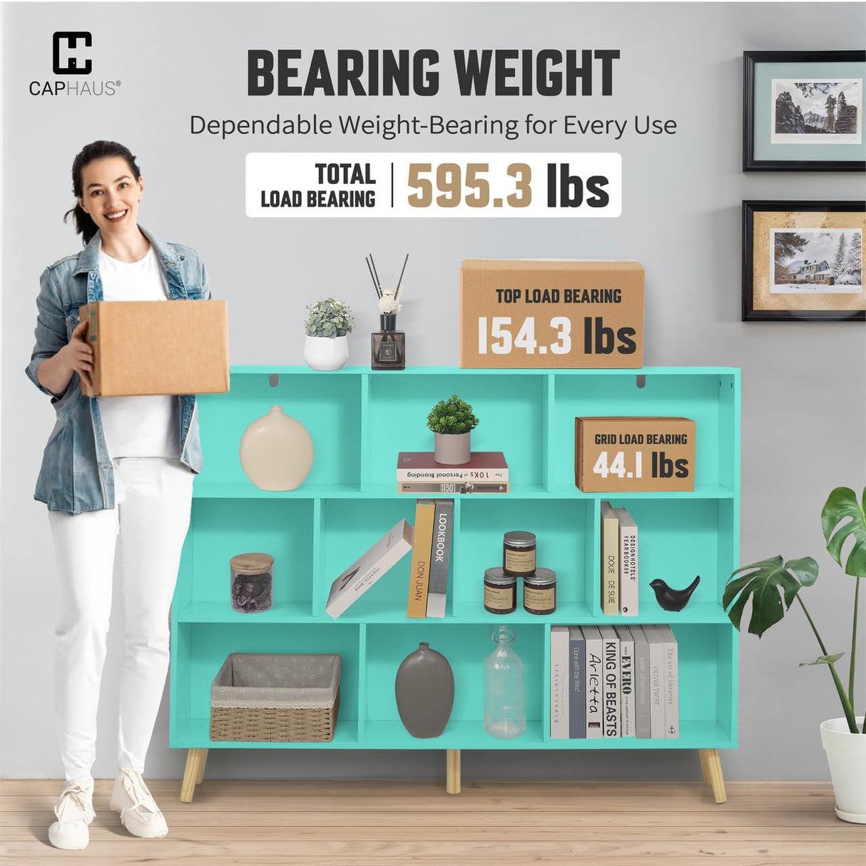 CAPHAUS 10 Cube 3 Tier Mid Century Bookshelf, 55” Wide Wooden Cube Storage Organizer with Legs, Open Shelf Bookcase, Modern Shelving for Living Room, Bedroom, Office, Tiffany Green CAPHAUS