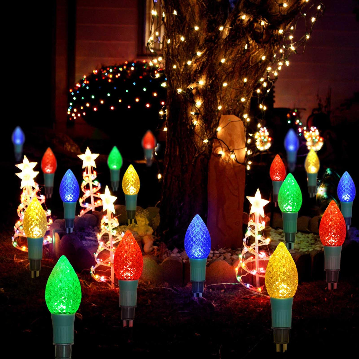 Newest Version 2 in 1 Outdoor Christmas Decorations and Solar Christmas Lights, 20-Pack Waterproof Solar C9 Strawberry Christmas Garden Stake Lights for Christmas Tree Garden Patio Yard Pathway Windpnn