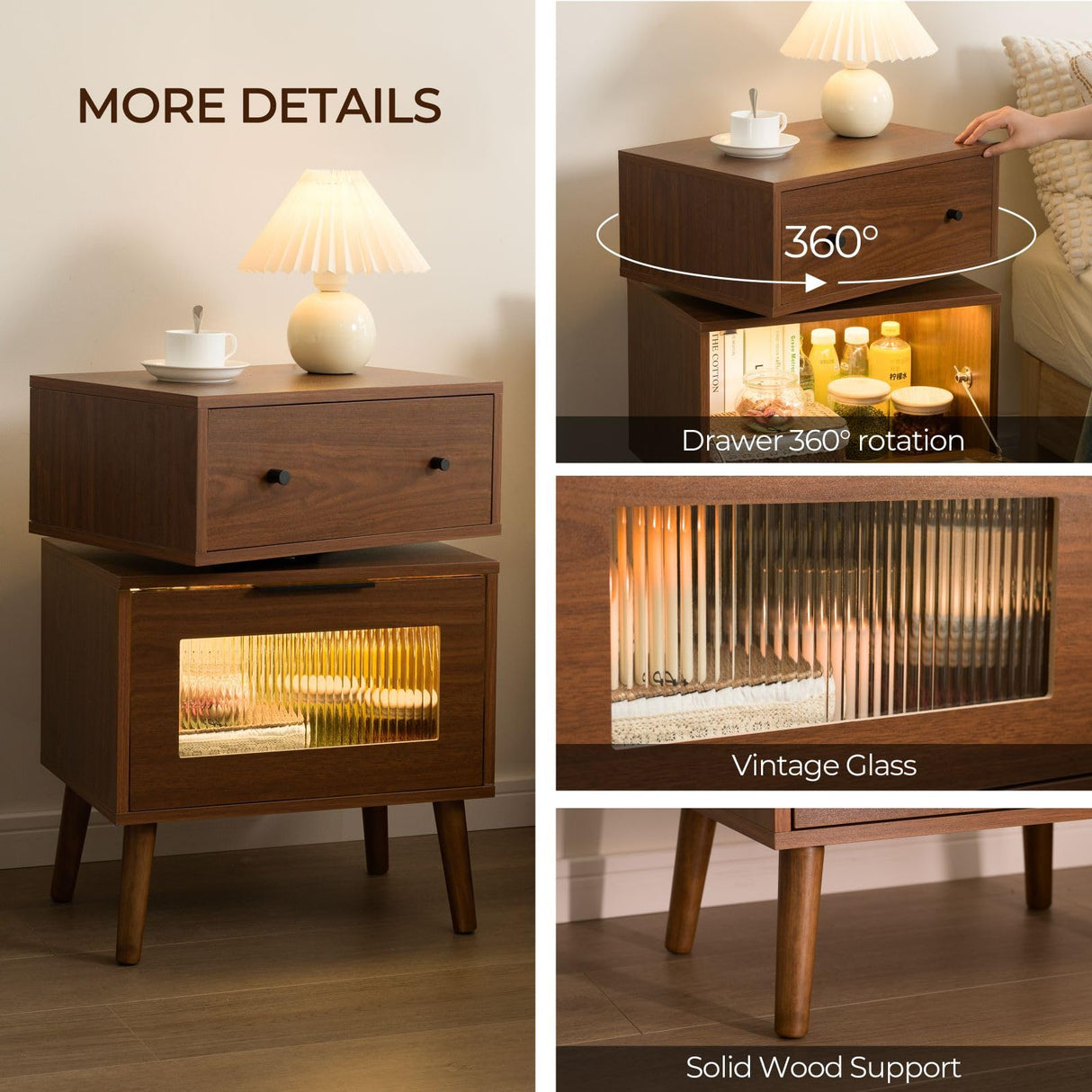 Cubehom LED End Table with Glass Top LED Side Table with Wooden Legs Modern Bedside Table with Drawers for Bedroom Living Room Cubehom