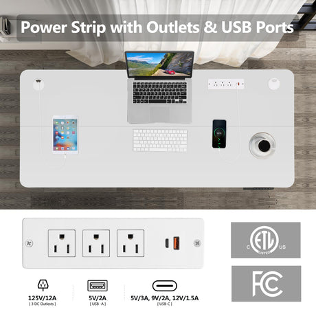 KORGOL Electric Standing Desk 55 x 24 Inches Adjustable Height Sit Stand Up Desk for Home Office Computer Workstation with 2 USB Ports 3 AC Power Outlets Memory Preset and Wheels, White KORGOL