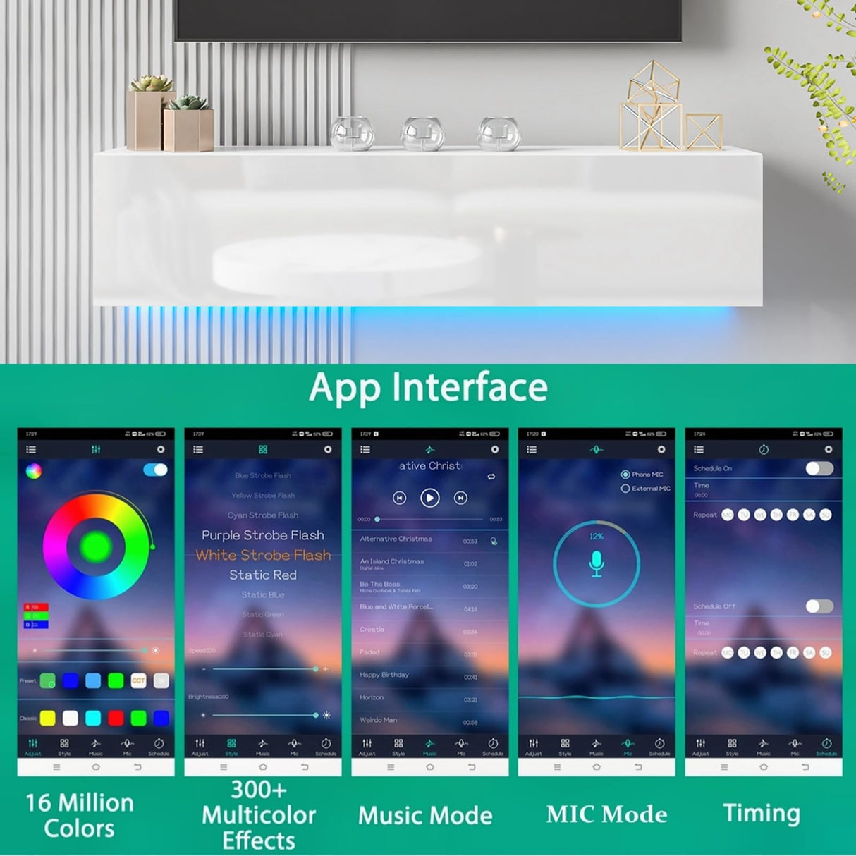 HOMMPA Floating TV Stand with Led Light for 63 Inch TVs Wall Mounted Led Entertainment Center with High Gloss Storage Modern Floor White Mounted Media Console for Living Room HOMMPA