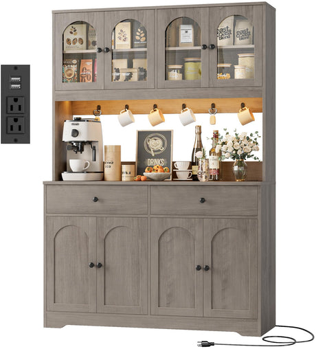 HIFIT 71" LED Kitchen Pantry Cabinet with Power Outlet, Large Kitchen Hutch Storage Cabinet with Arched Door, Shelves, 2 Drawer, Tall Farmhouse Coffee Bar w/Hutch for Home Dining Living Room, Ash Grey HIFIT