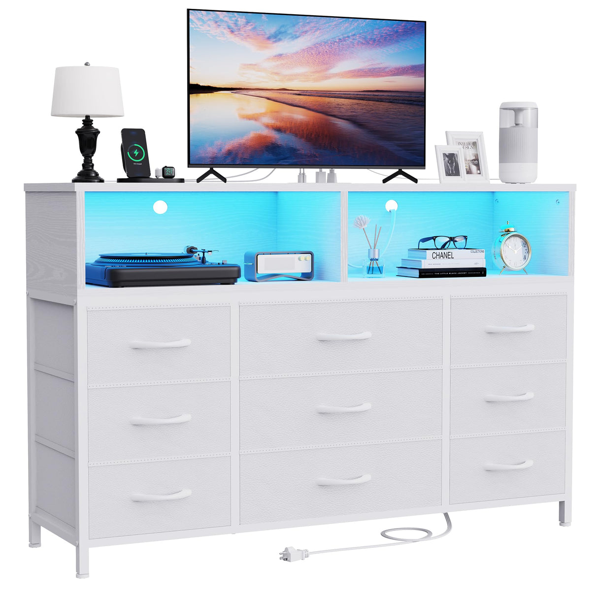 eiskah White Dresser for Bedroom, 9 Drawers Led Dresser TV Stand with Power Outlets and LED Lights, Long Fabric Dressers Wide Chest of Drawers with Large Organizer for Living Room, Entryway, Hallway eiskah
