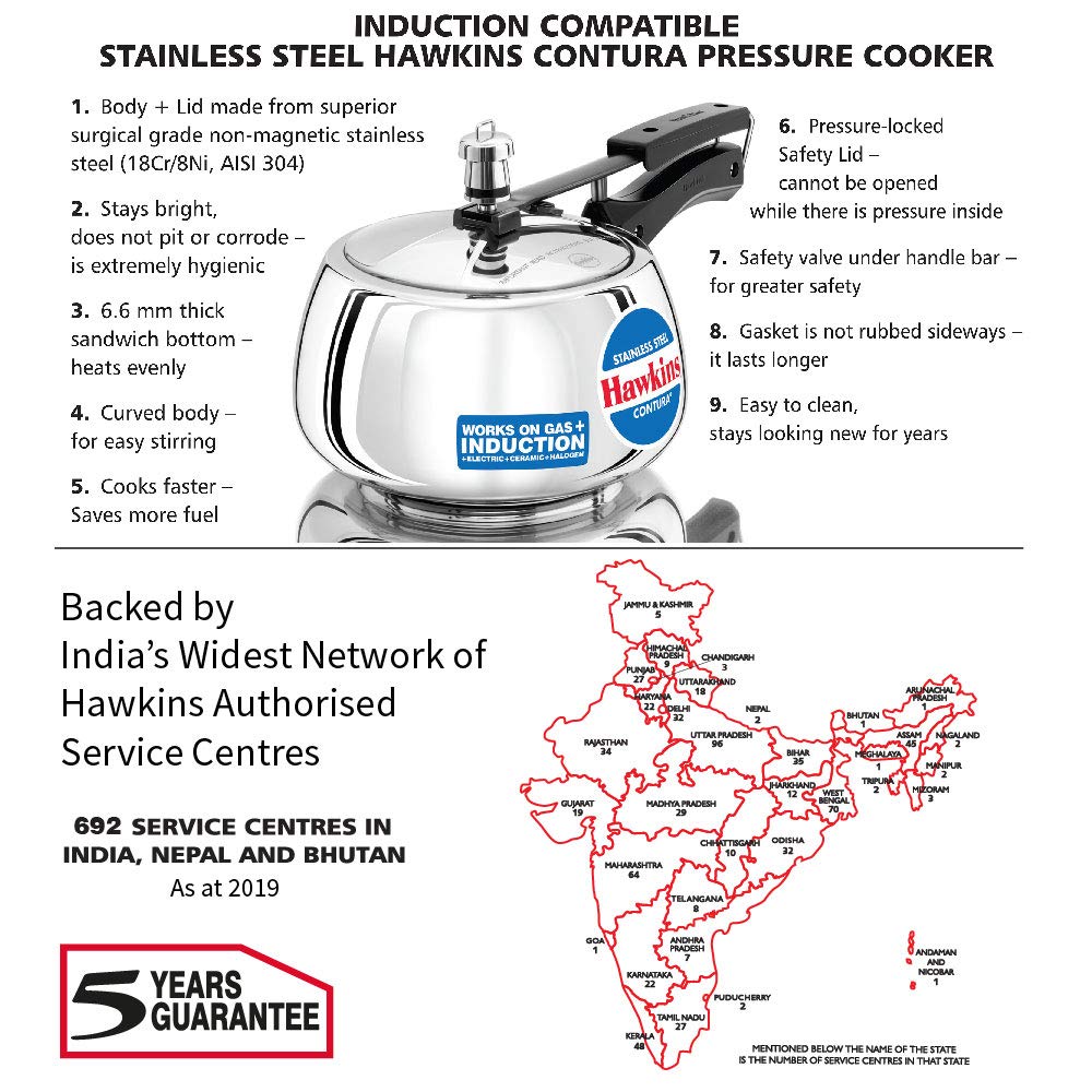 Hawkins 3 Litre Contura Pressure Cooker, Stainless Steel Inner Lid Cooker, Handi Cooker, Induction Cooker, Silver (SSC30) HAWKINS