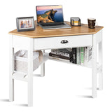 COSTWAY Corner Desk, Writing Corner Computer Desk with Drawer for Small Space, Wood Makeup Vanity Desk, Small Corner Desk with Shelves, Office Study Workstation, White Corner Desk (Natural) COSTWAY