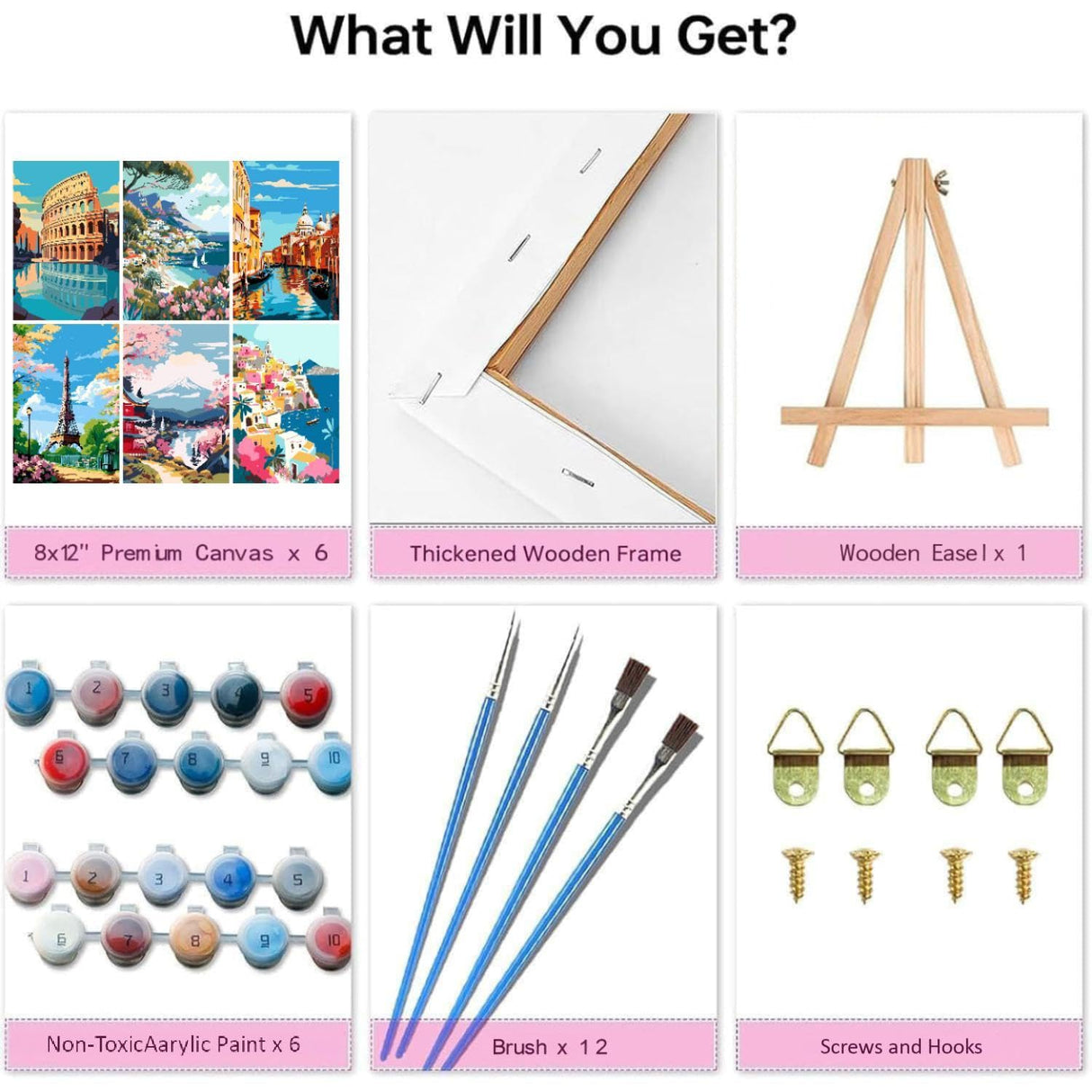 6 Pack Framed Paint by Numbers Kit for Adults - with Wooden Easel, Landscape Paint by Numbers Kit for Adults Framed, DIY Famous Landmarks Paint by Numbers with Frame for Home Wall Decor 8x12 Inch askkqtx