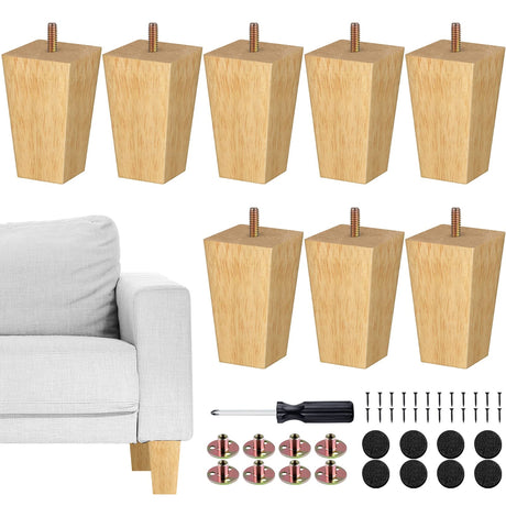 TURSTIN Set of 8 Furniture Legs 4 Inch Square Solid Wood Couch Legs Replacement Sofa Legs Mid Century Furniture Feet for Armchair Bed Dresser Cabinet Include Installation Hardware, Natural TURSTIN
