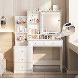 Vabches Vanity Desk with Mirror and Lights,Makeup Vanity with 6 Drawers and Shelves,Vanity Table with Power Outlet,Makeup Desk with Led Lighted Mirror in 3 Colors,for Bedroom,White Vabches