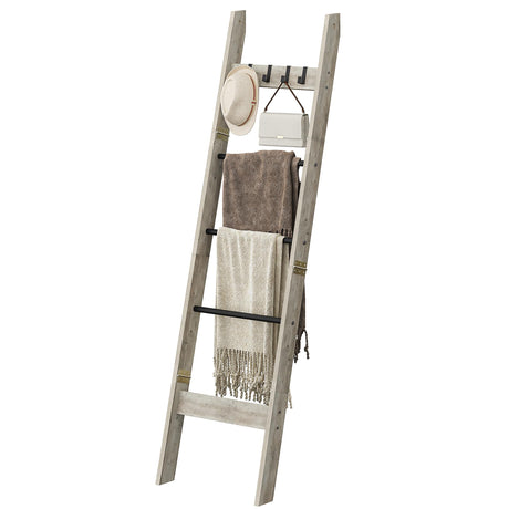 Hzuaneri Blanket Ladder Shelf for Living Room, Decorative Quilt Rack with 4 Removable Hooks, 5-Tier Farmhouse Ladder Holder Organizer for Bedroom, Greige and Black BR02105B Hzuaneri
