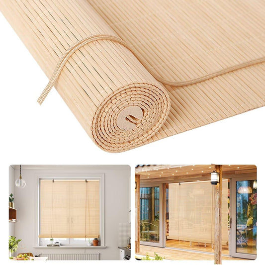 Bamboo Blinds, Blackout Roll Up Shades for Windows Privacy Protection, Roller Shades for Indoor Outdoor Home Patio Porch, Easy Installation, solid color-Natural, 34 * 72in