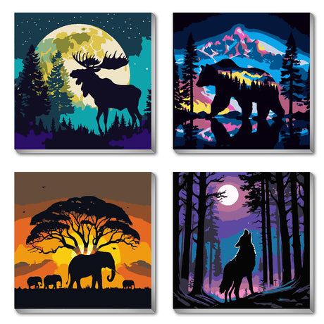 FQOVKYN 4 Packs Framed Paint by Number Kits for Adults, DIY Animals Adult's Paint by Numbers for Beginners, Easy Acrylic Watercolor Paint by Numbers Canvas Arts and Crafts for Wall Decor Gift (8x8in) FQOVKYN