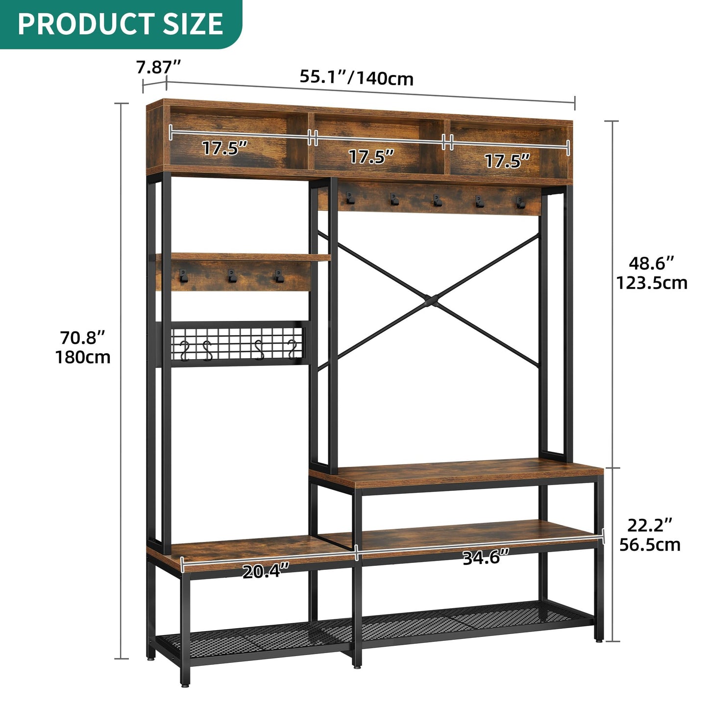 YITAHOME Entryway Hall Tree with Bench and Shoe Storage 55", 5-in-1 Farmhouse Freestanding Coat Rack Shoe Bench for Entrance, Living Room, Bedroom, Rustic Brown