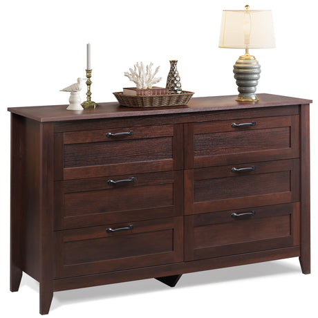 WLIVE 6 Drawer Dresser, Retro Chest of Drawers with Metal Handle, Double Wood Dresser for Bedroom, Living Room, Large Storage Cabinet, Brown WLIVE