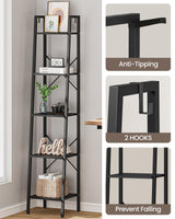 Hzuaneri Ladder Shelf, Bookshelf Bookcase, Freestanding Corner Storage Shelve with 2 Hooks for Home Office, Living Room, Kitchen, Bedroom, Industrial, 5-Tier Black BC03204B Hzuaneri