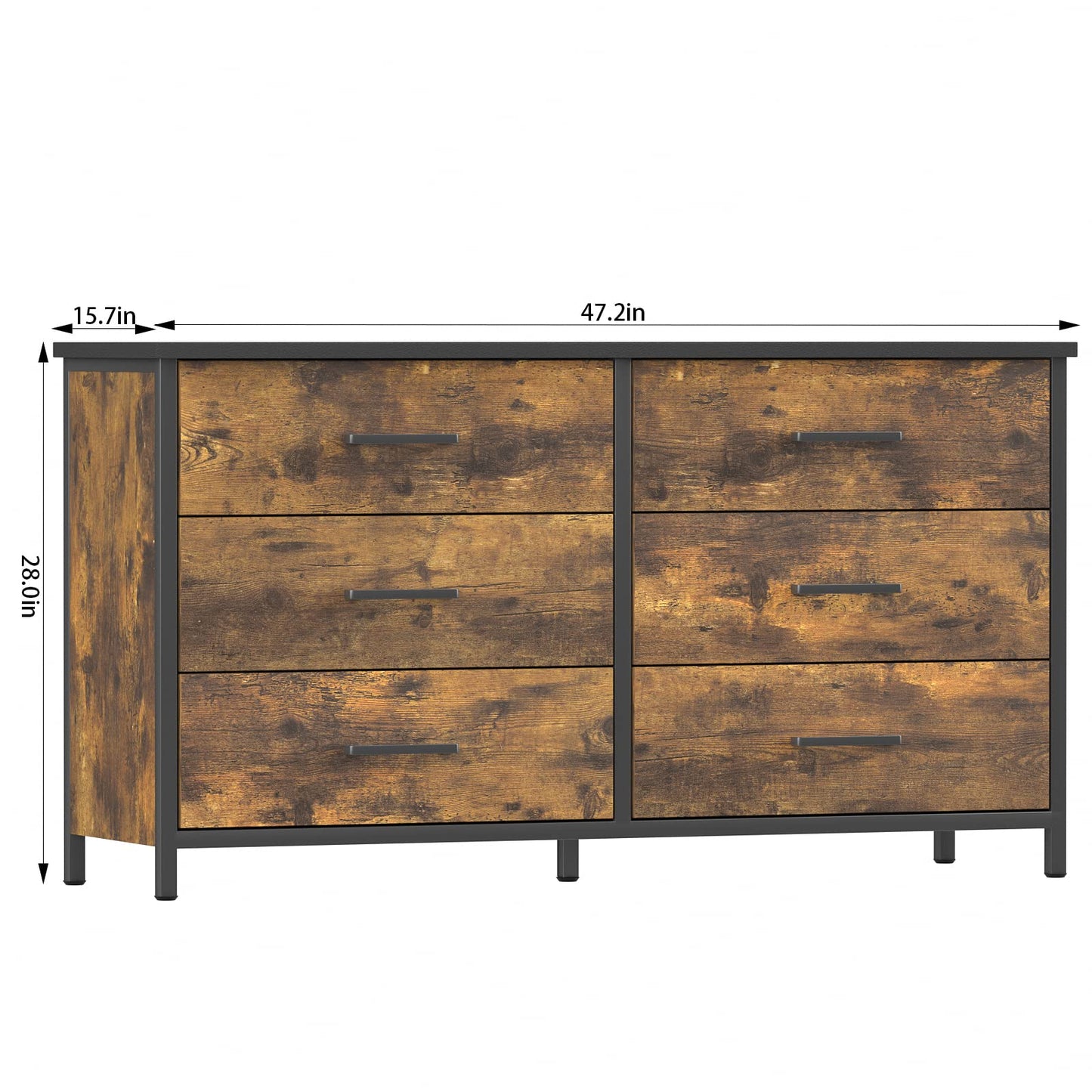 IKENO 6 Drawer Dresser for Bedroom, Industrial Wood Storage Organizer with Sturdy Steel Frame, Chests of Drawers for Bedroom Living Room Hallway