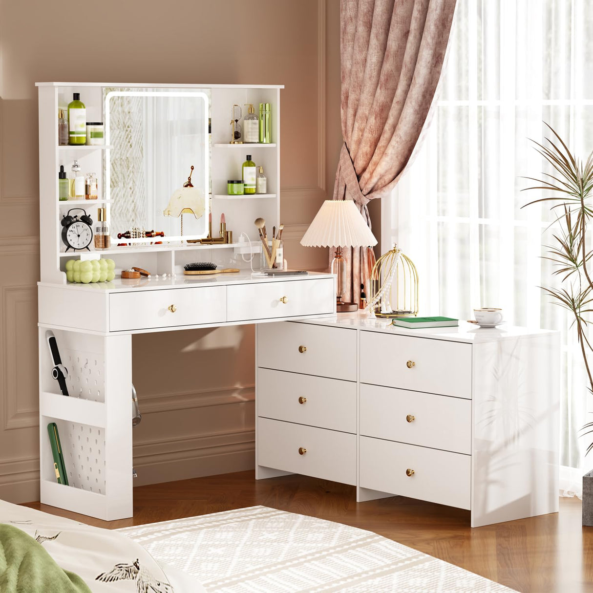 YYJ 74.8''Makeup Vanity Desk with Large Mirror and Lights&Charging Station,Modern Corner Vanity Table with 8 Storage Drawers and Shelves,Dressing Table with nightstand,Makeup Table for Bedroom,White YYJ