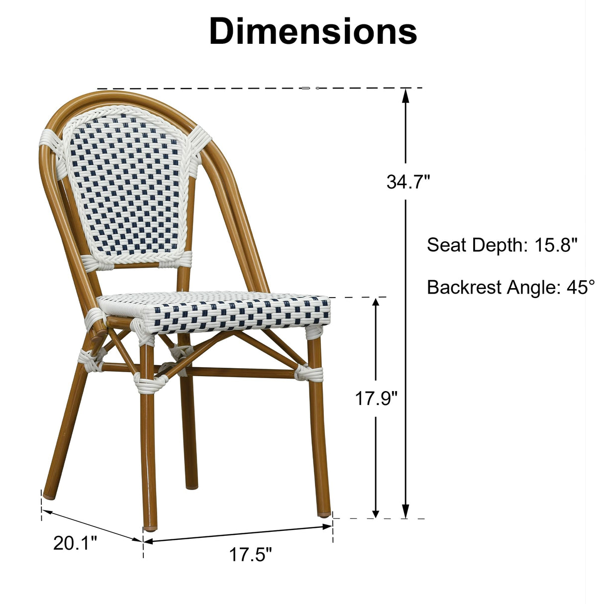 PURPLE LEAF Outdoor Dining Chair Set of 2 Patio French Aluminium Frame in Bamboo Finish with Sky Blue & White Woven Rattan for Indoor Kitchen Deck Bistros Cafe Restaurant PURPLE LEAF