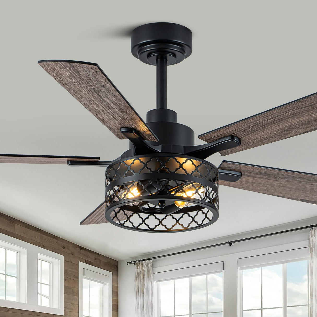 Curve Curio 46 Inch Farmhouse Ceiling Fan with Light Black Industrial Ceiling Fan Rustic Chandelier Fan for Living Room Bedroom Patio Curve Curio