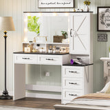 DDONGMM Farmhouse Vanity Desk Makeup Table with Mirror and 10 Lights, 45.3" Large Vanity Desk with Power Outlet, 5 Drawers, 1 Cabinet & 9 Jewelry Hooks, Dressing Table for Women Girls White & Black DDONGMM